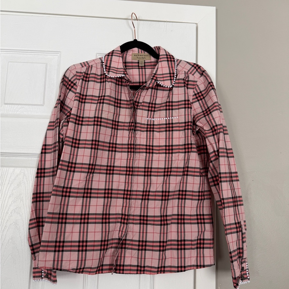 Burberry Pink Plaid Lace Trim Button Down Shirt Business Office - Picture 3 of 11